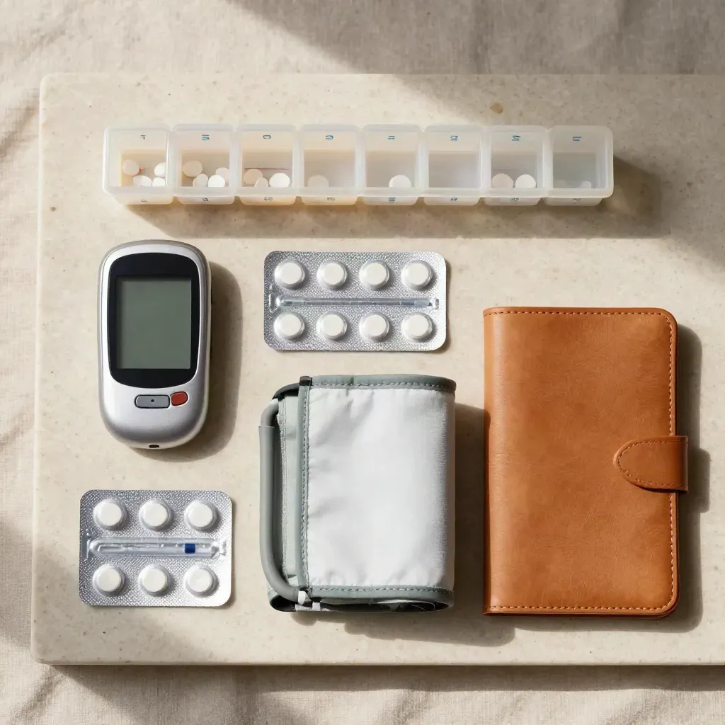 Flat lay alat rawatan penyakit kronik di atas batu travertine, meter gula jadi tumpuan.