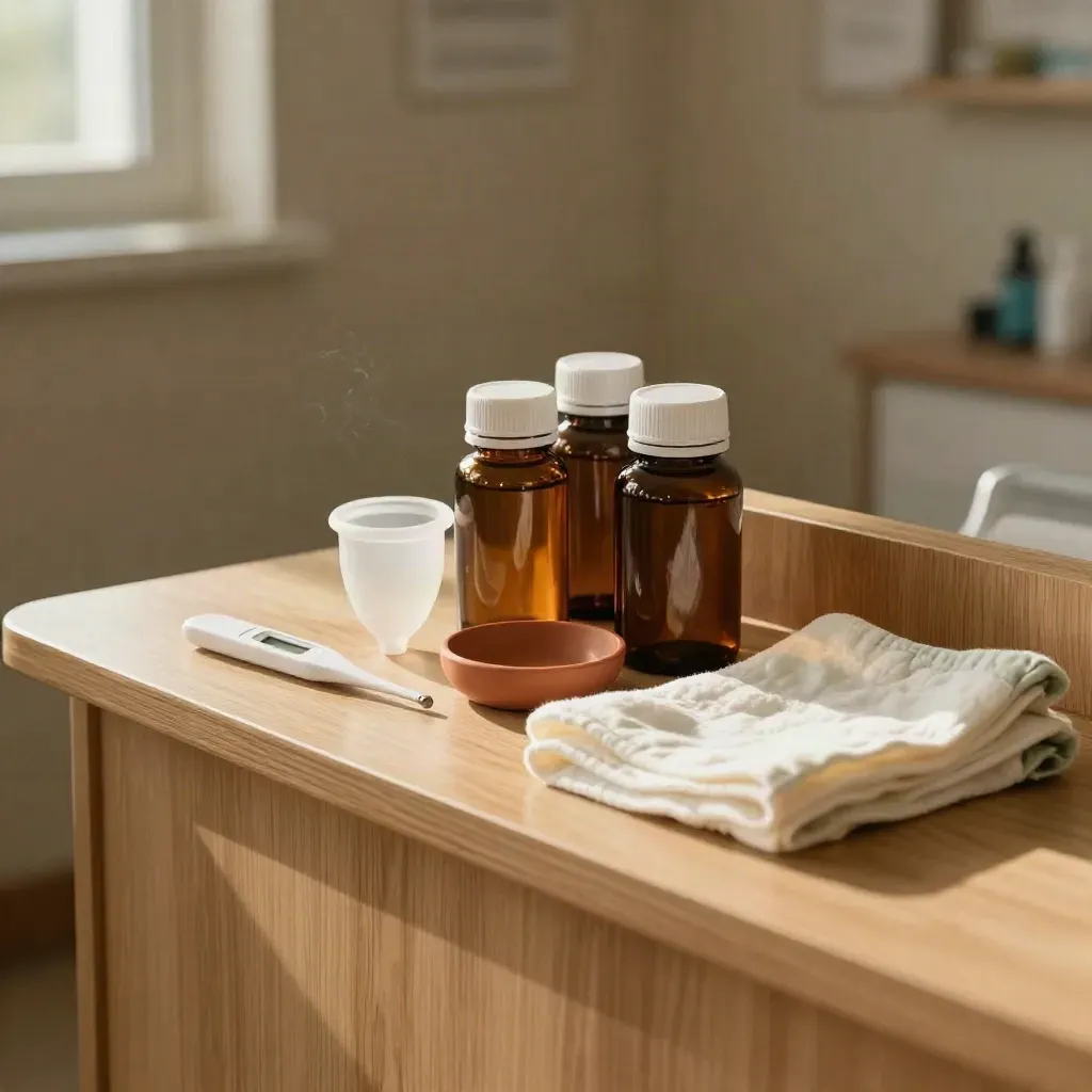 Rak penjagaan wanita dan keluarga dengan vitamin pranatal, bekas cawan haid, termometer dan kain muslin.