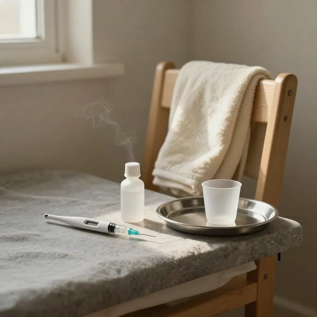 Sudut klinik keluarga dengan termometer, picagari oral, ubat demam dan selimut kecil di kerusi.