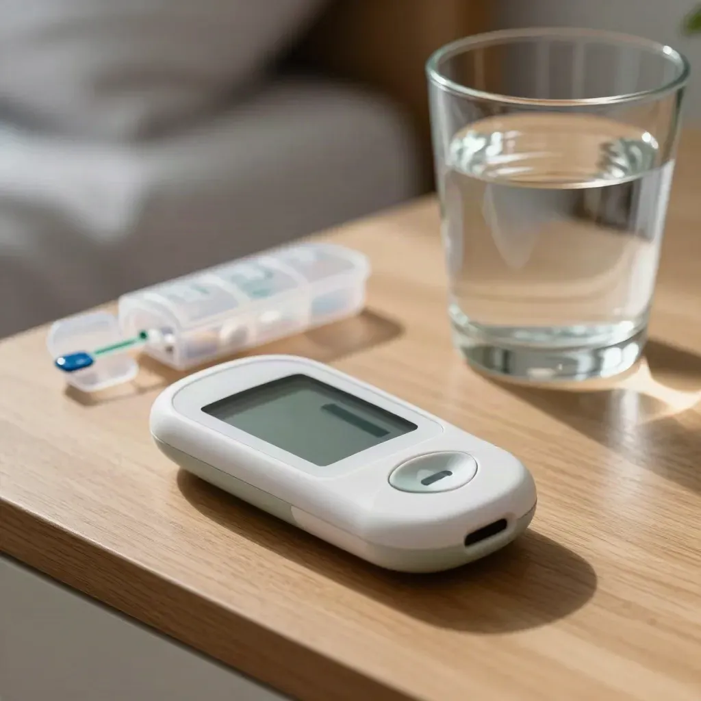 Set pemantauan diabetes di meja sisi katil, glukometer, lancet, pil dan air subuh