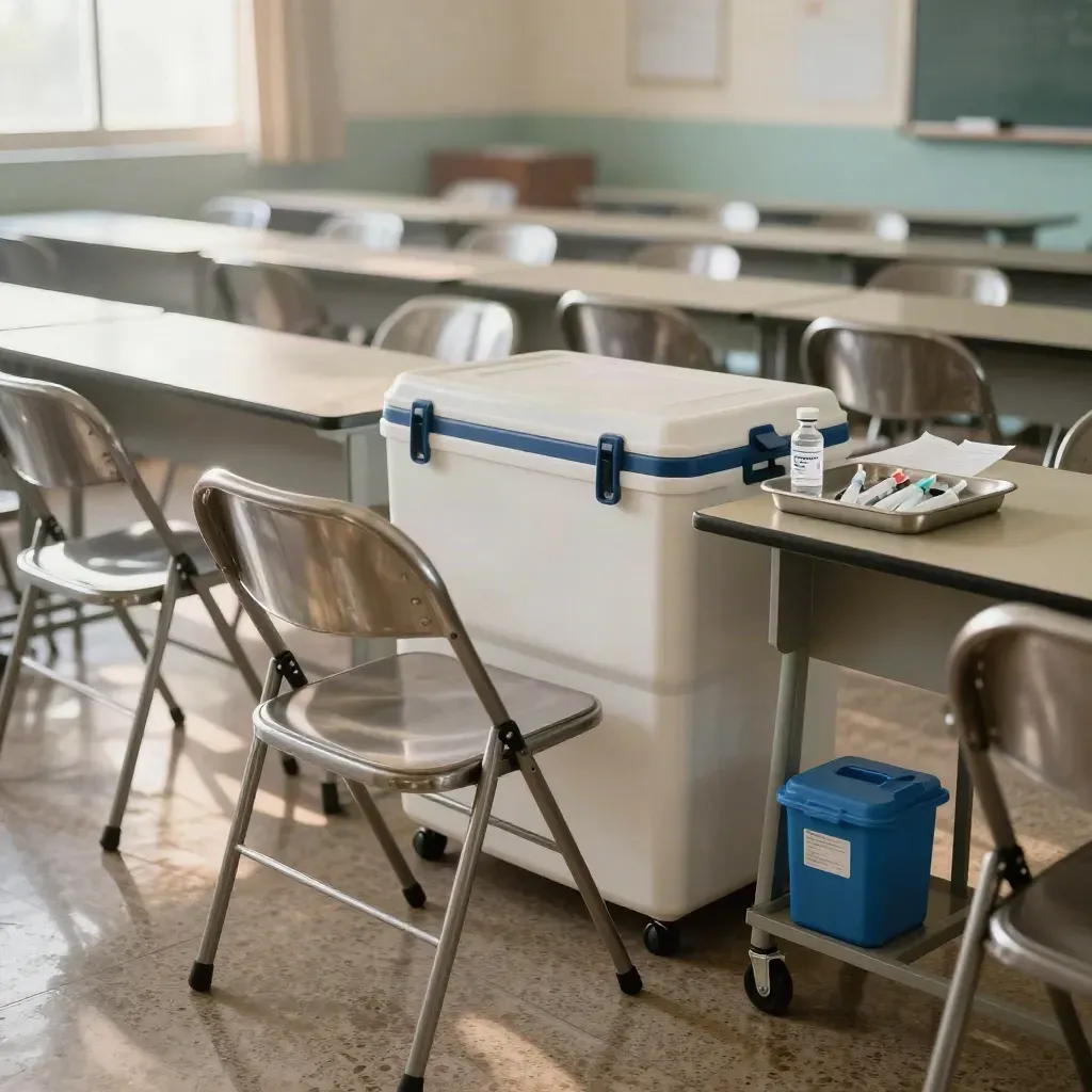 Dewan sekolah kosong jadi stesen vaksin dengan kerusi lipat, penyejuk dan dulang steril.