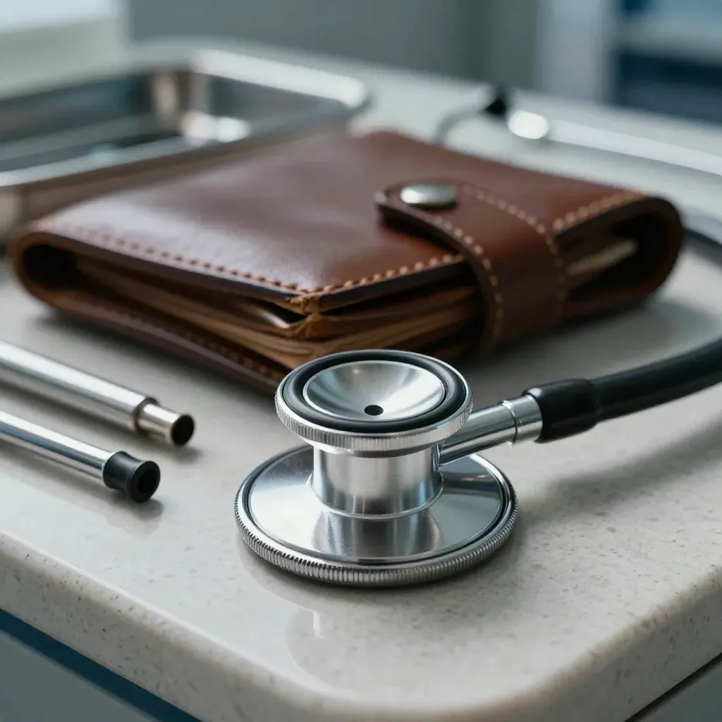 Set diagnostik doktor di kaunter travertine, fokus stetoskop, otoskop dan lampu pen.
