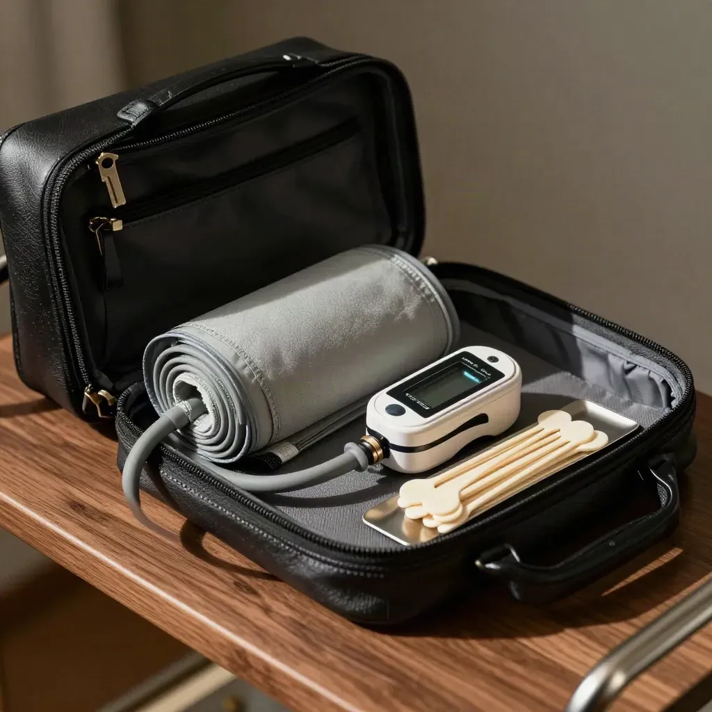 Beg lawatan doktor keluarga dengan manset tekanan darah dan oximeter di atas troli kayu.