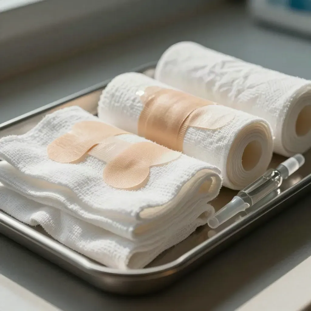 Kasa, pita micropore, pembalut steril dan ampul saline di atas dulang rawatan keluli.