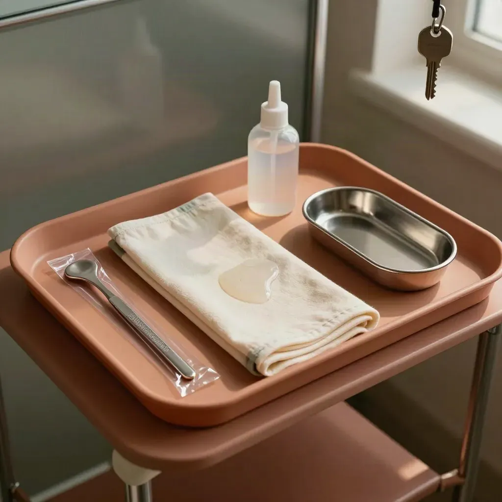 Tray pemeriksaan wanita dengan spekulum steril, gel ultrasound dan drape lipat di atas permukaan terracotta.