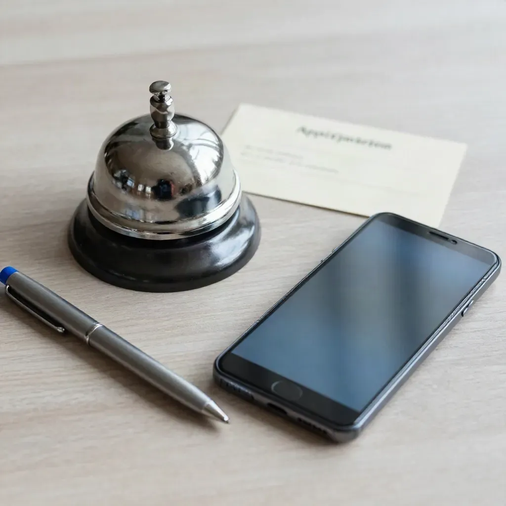 Loceng kaunter, telefon pintar panggilan, pen klinik dan kad janji temu di atas kayu cerah.