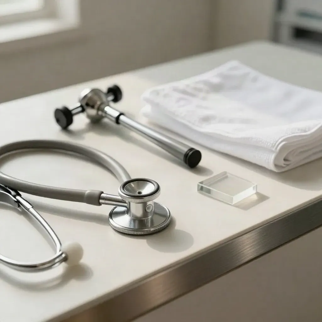Stetoskop, otoskop dan tukul refleks di atas kaunter klinik putih dengan cahaya lembut.