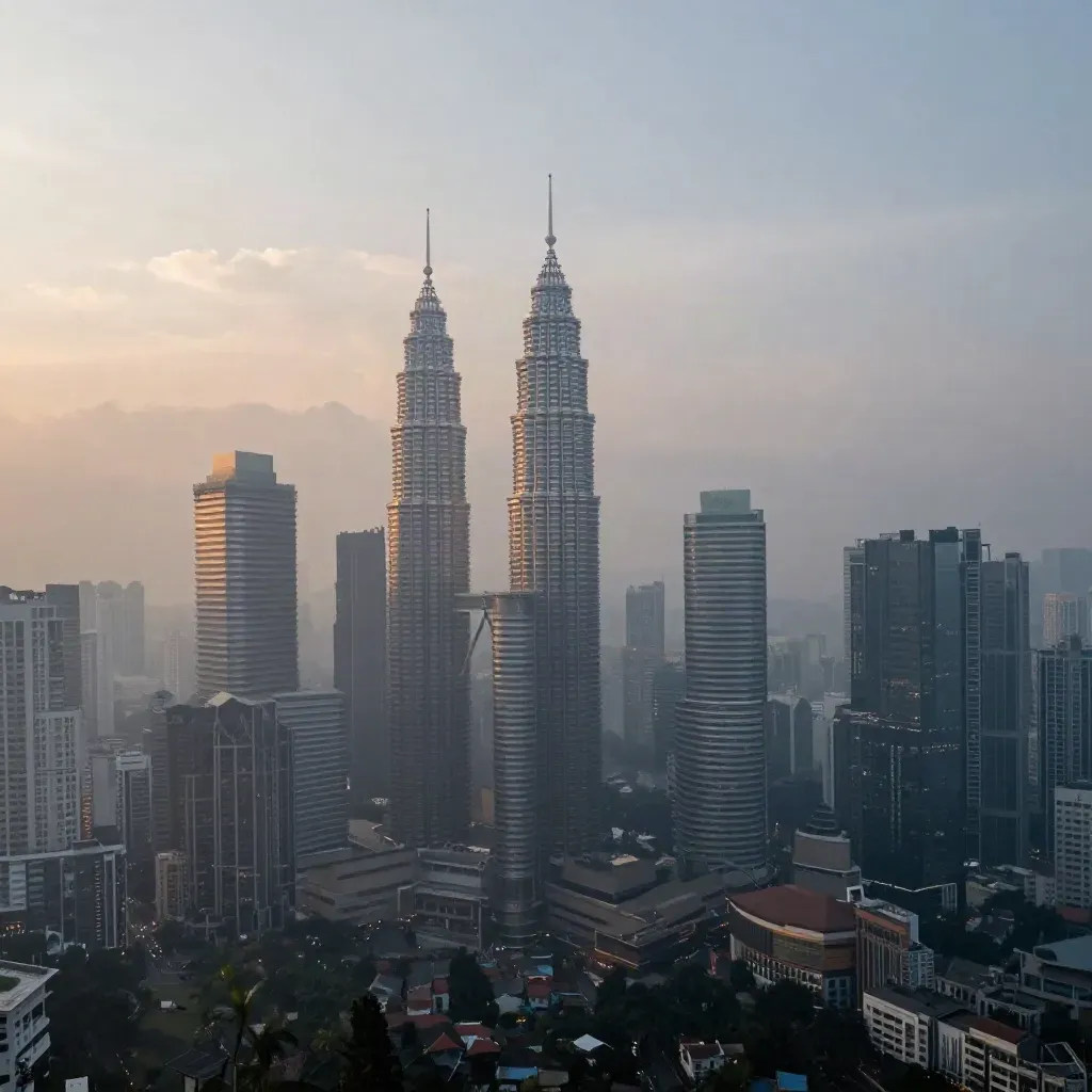 Langit Kuala Lumpur berkabus dengan siluet Menara Berkembar dan kota rendah lembut di bawah.