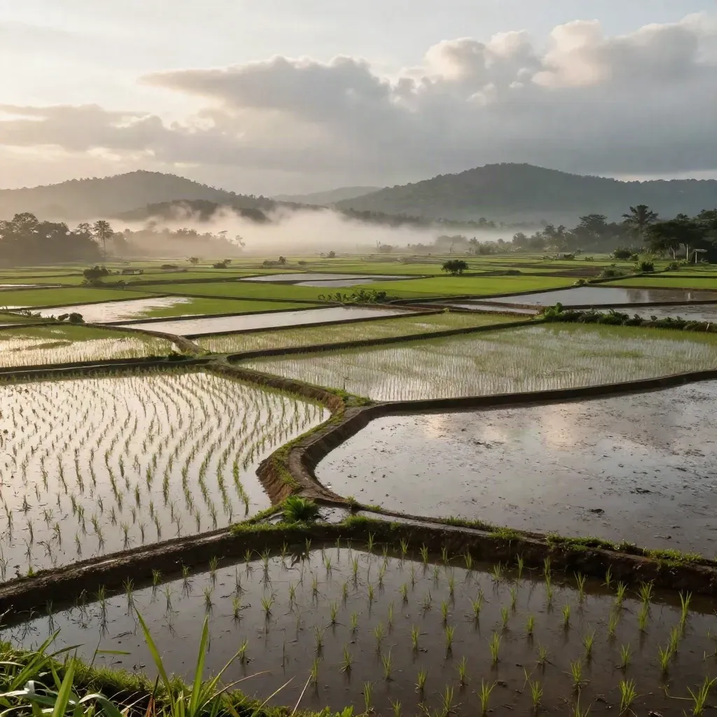 Sawah hijau berkabus di Utara Selangor dengan bukit jauh dan cahaya petang.