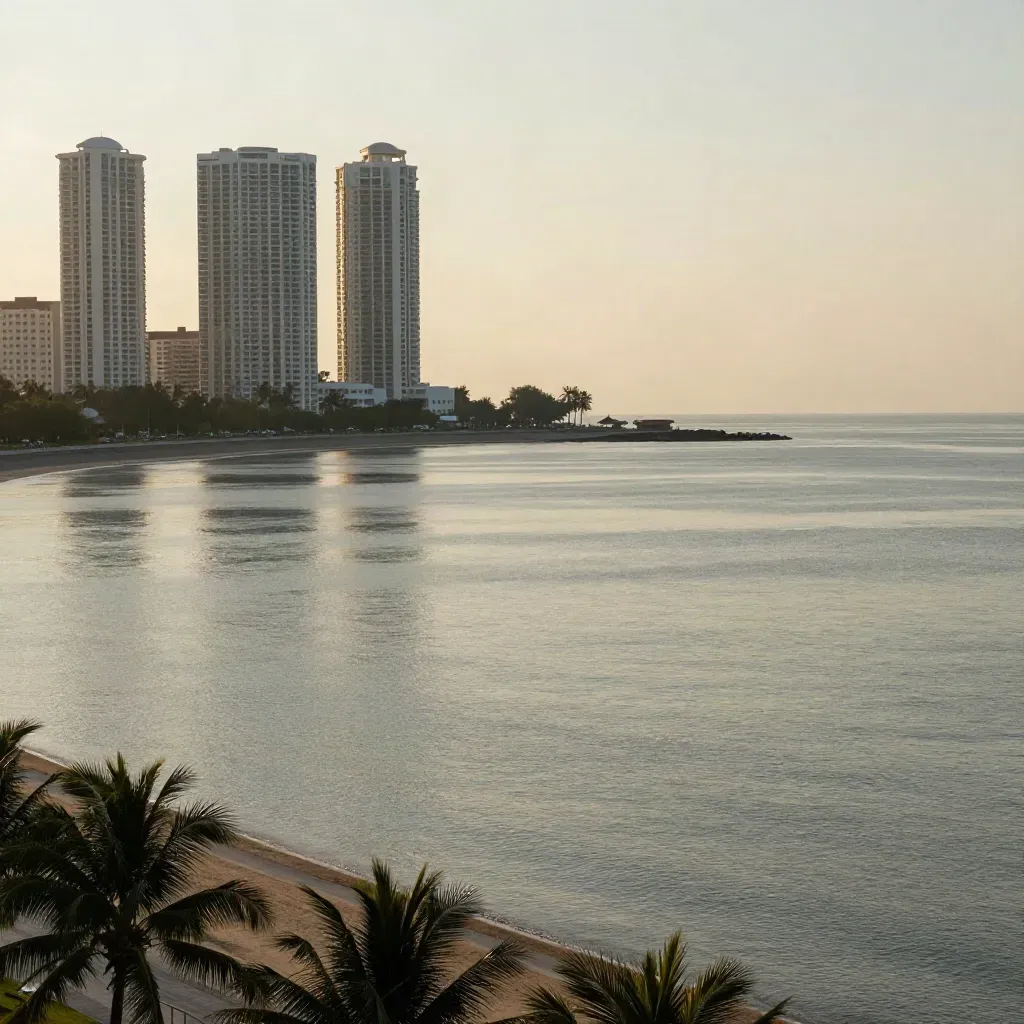 Garis pesisir Johor Bahru waktu senja dengan bandar samar dan laut tenang.