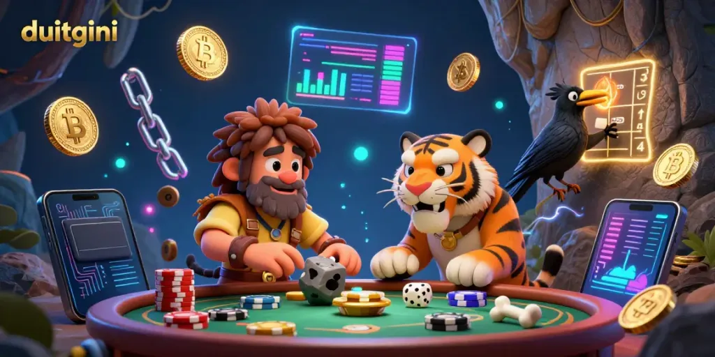 Experience fast-paced fun with Duitgini as you engage in thrilling loan applications amidst a vibrant prehistoric casino scene.